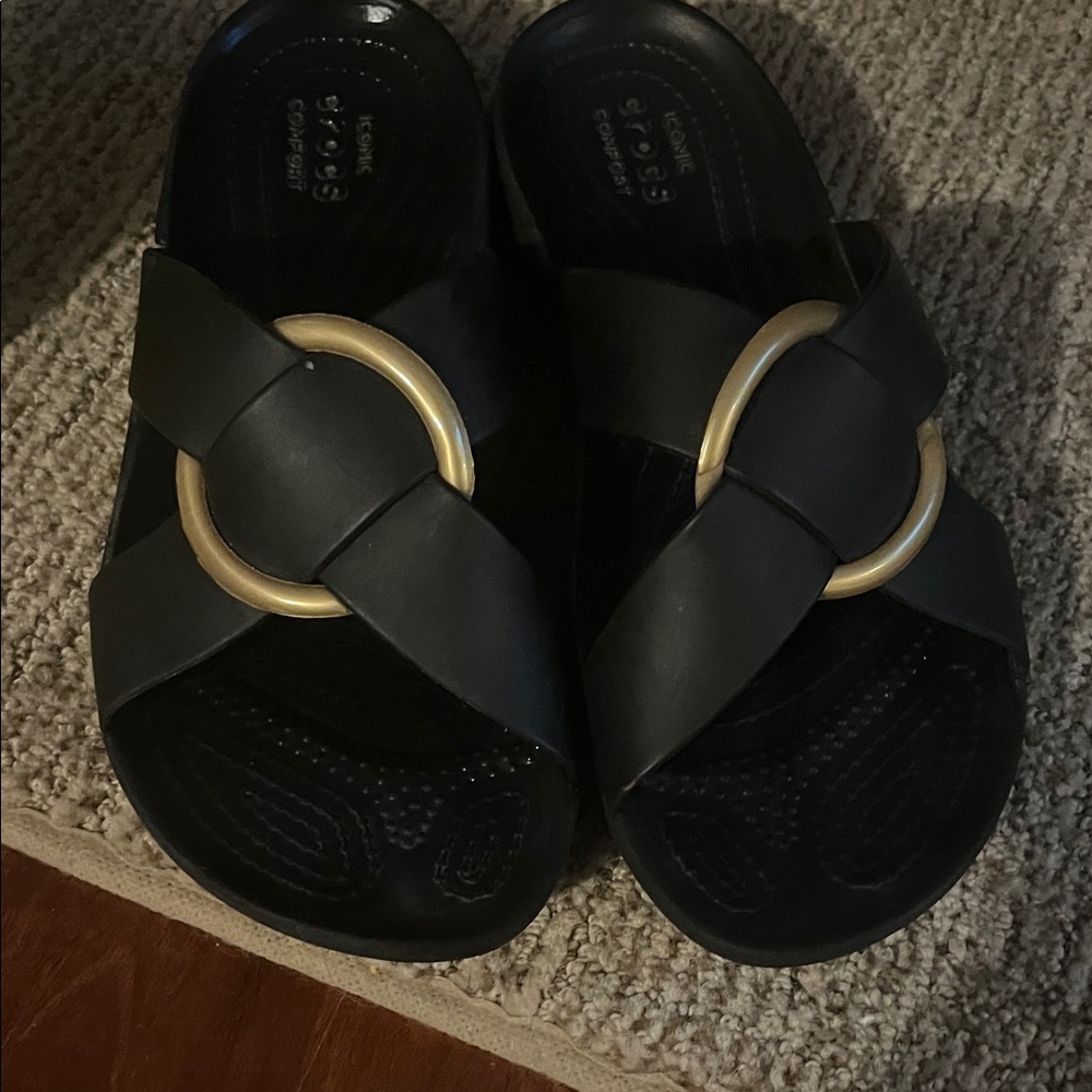 CROCS Black Slides with Gold Ring